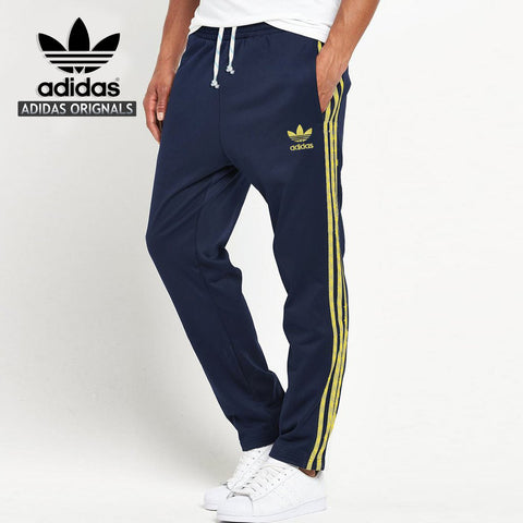 Adidas Cotton Trouser For Men-Dark Navy With Yellow Stripes-BE977